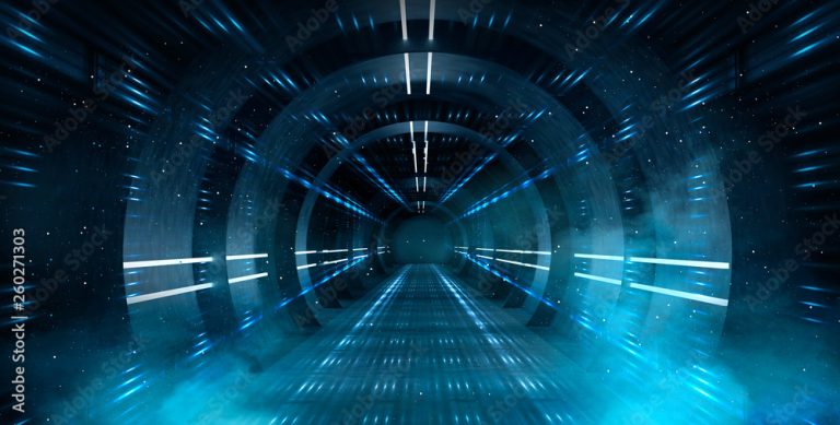 Abstract tunnel, corridor with rays of light and new highlights. Abstract blue background, neon. Scene with rays and lines, Round arch, light in motion, night view.