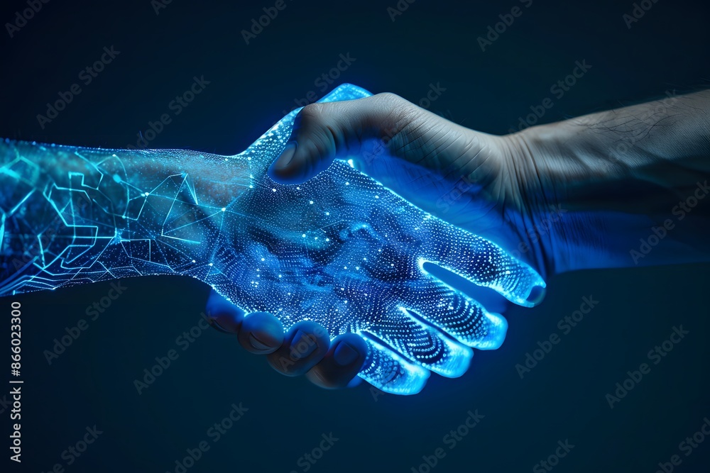 hand shaking between human and digital hand, integration between human and artificial intelligence.